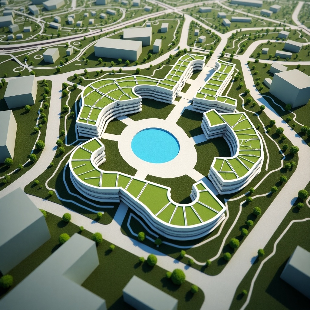 The image depicts a futuristic urban development plan for Vision World Tour Animation Studios. It features a large central building with a striking blue circular area, likely a plaza. Surrounding the main structure are green-roofed buildings and geometric green spaces, showcasing an eco-friendly approach to design. The layout suggests a harmonious integration of nature and architecture. An aerial perspective allows viewers to appreciate the overall design, which incorporates existing roads and urban elements.