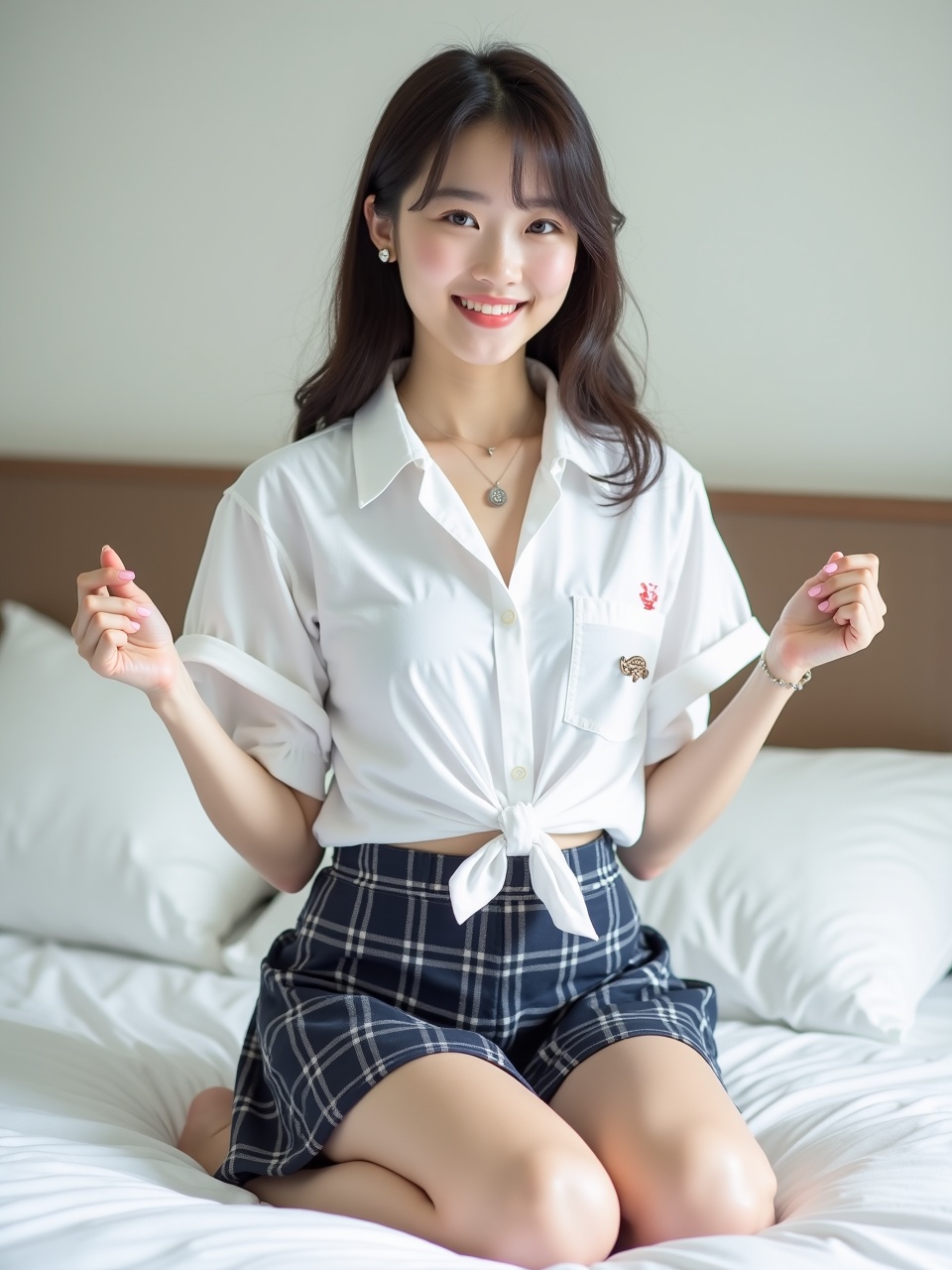 A young woman is seated on a bed, exuding a sense of calm and happiness. She wears a tied white blouse paired with a plaid skirt, giving her a casual yet stylish appearance. The warm lighting complements her cheerful expression, adding to the cozy and inviting atmosphere of the room.