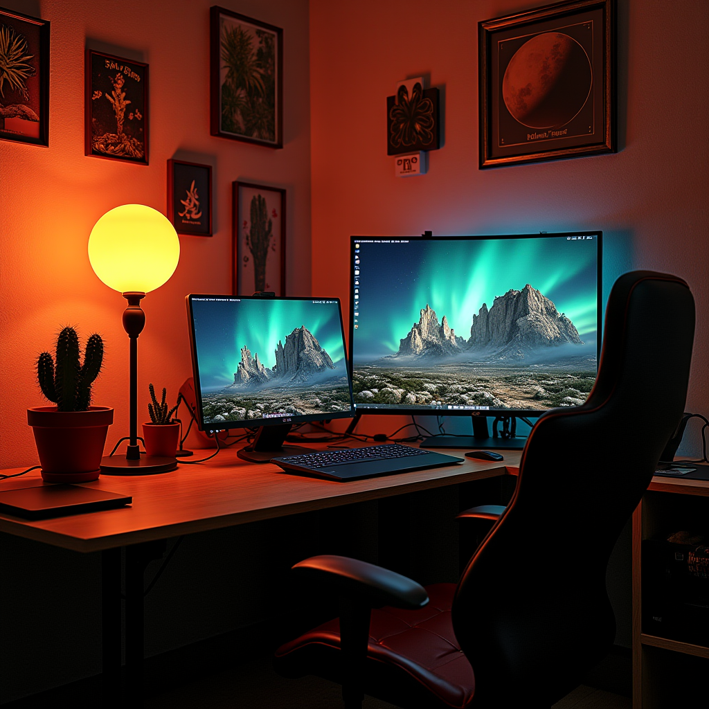 A cozy home office setup with dual monitors, warm lighting, and framed art on the walls.