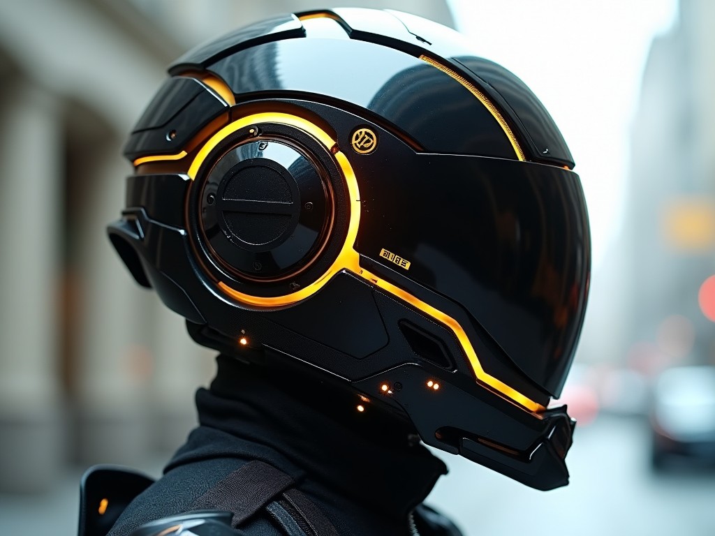 Create a side view of a futuristic helmet with sleek, aerodynamic design. The helmet should feature a glossy black finish with intricate golden accents. Highlight a large, reflective visor that provides a view of the interior. Include a glowing emblem on the side, enhancing its high-tech appearance. The background should be softly blurred to emphasize the helmet's details.