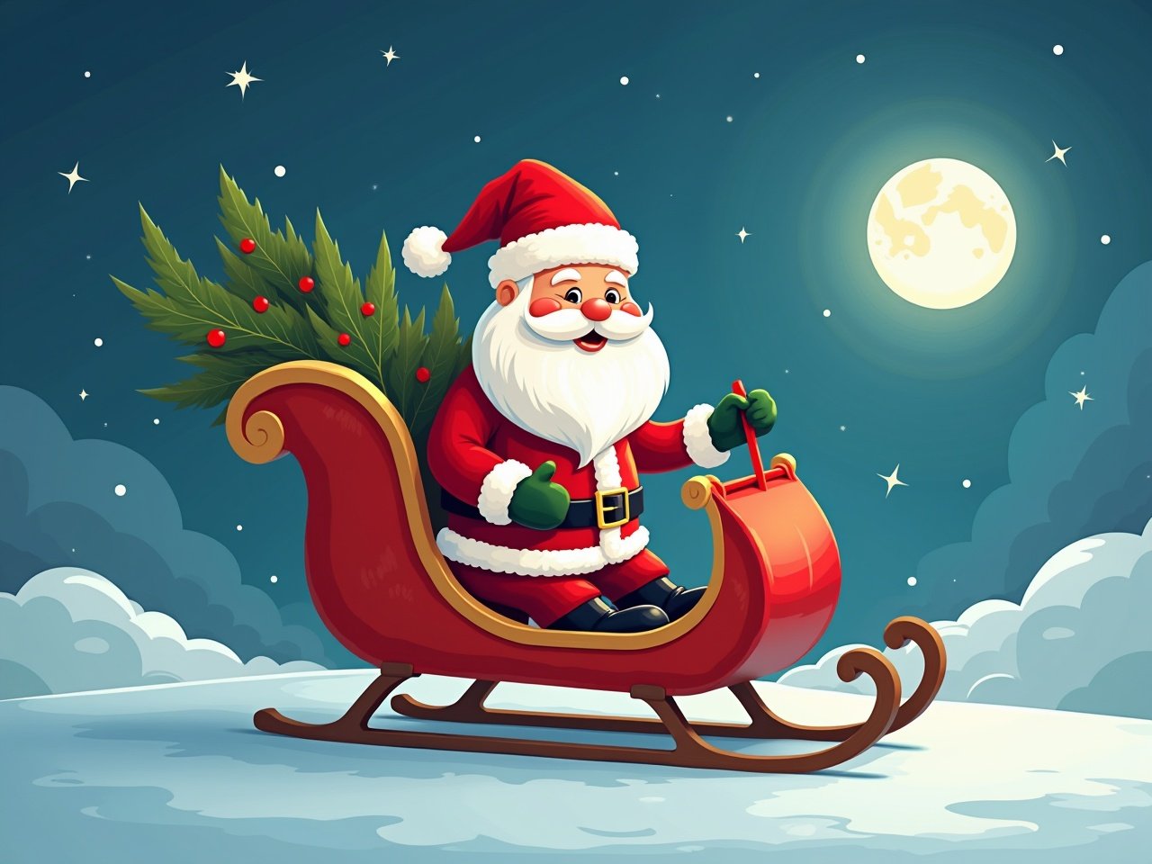 Santa Claus rides in a solar-powered sleigh. The scene is cartoon-style with a cheerful mood. A full moon and fluffy clouds set the background.