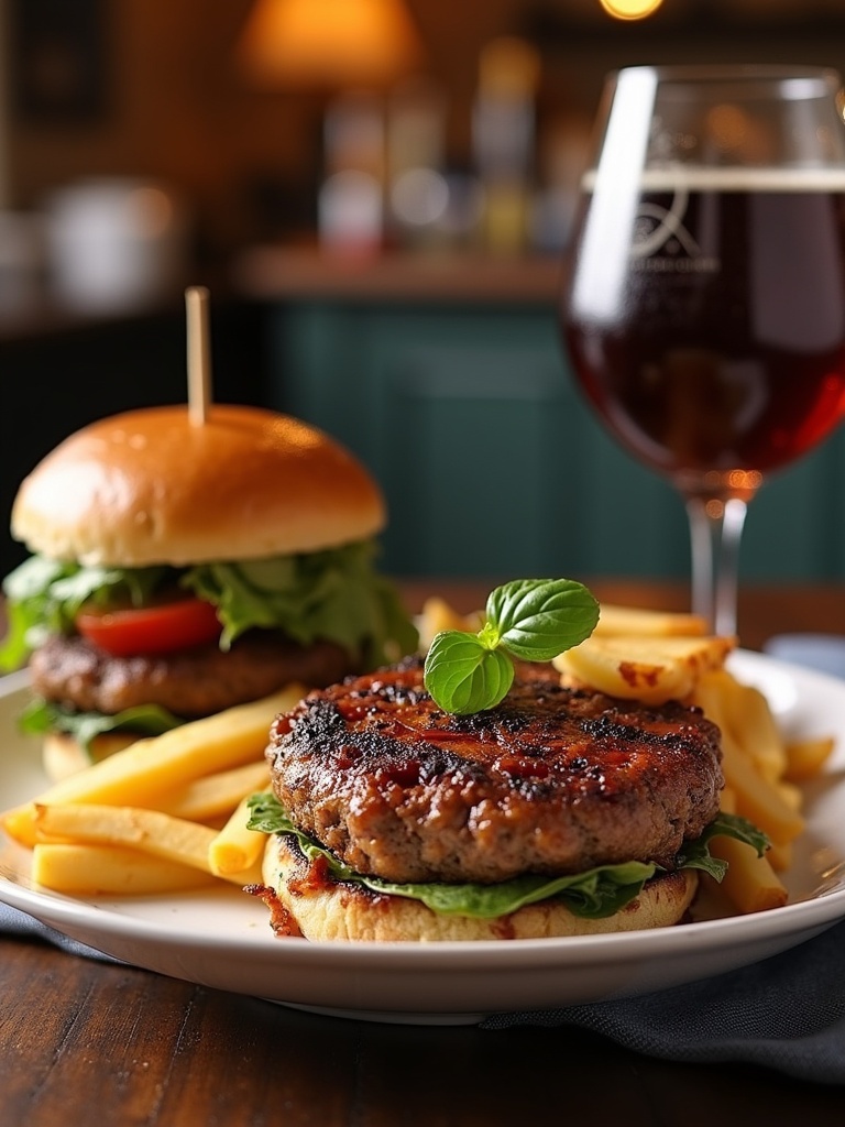 A delicious burger on a bun with lettuce and tomato served with fries. A glass of amber beer complements the meal. The setting is a cozy traditional British pub.