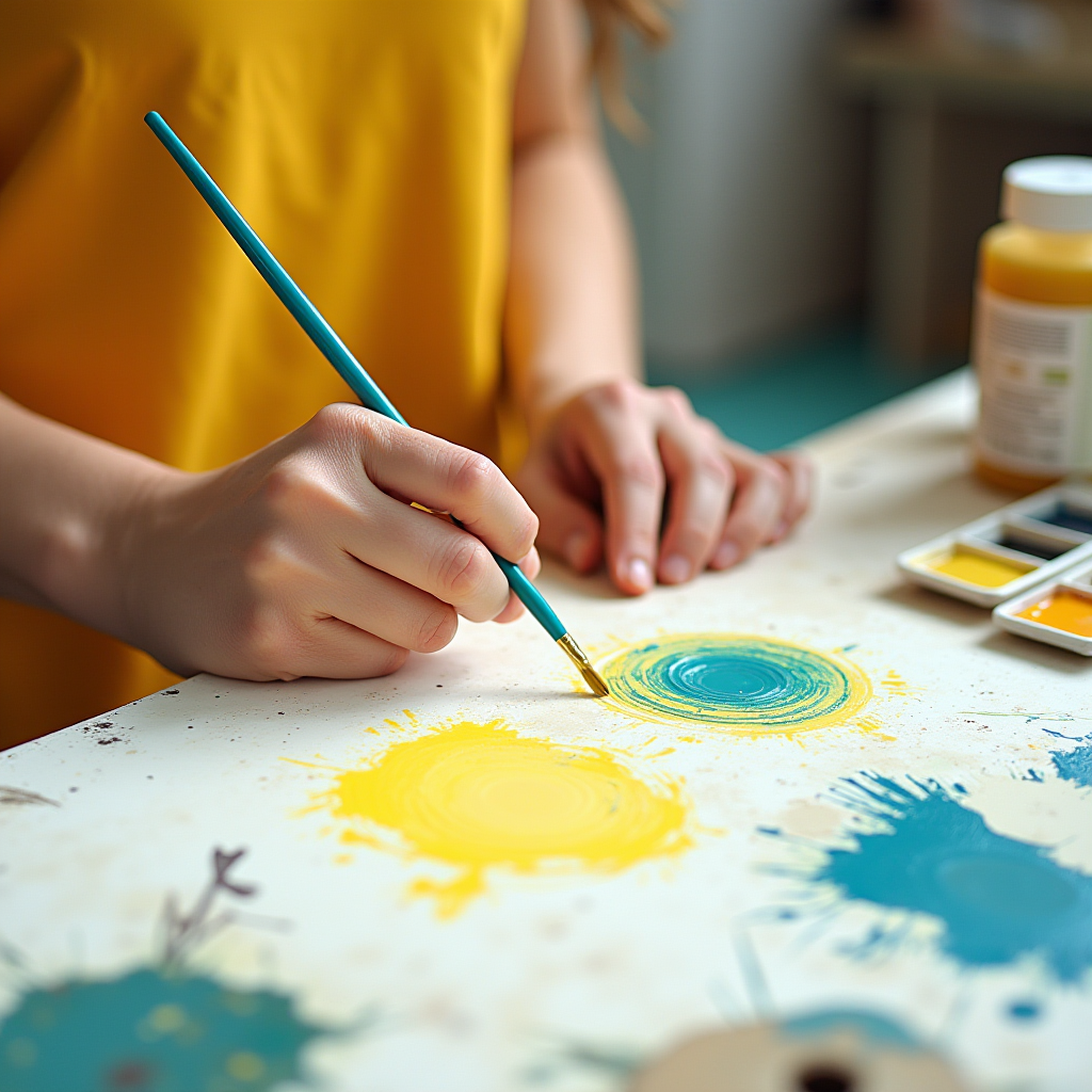 A person painting colorful, dynamic swirls on a canvas.