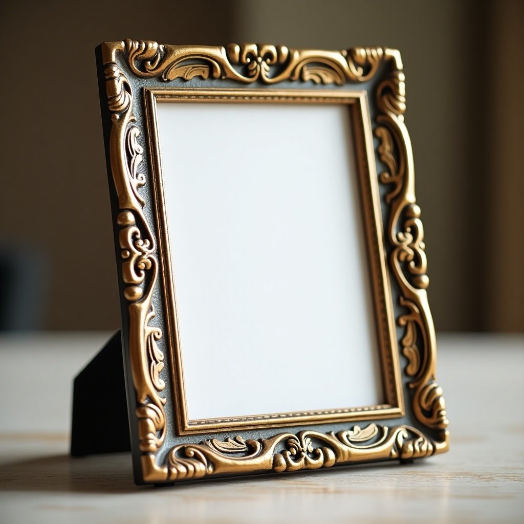 Ornate decorative picture frame with intricate designs on a wooden surface. The frame is empty, showcased at an angle to highlight its details.