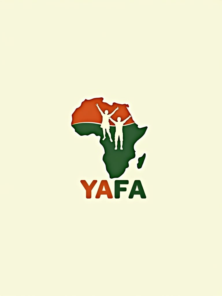 Design a logo featuring the acronym YAFA. Include the African continent and symbols representing youth in action. The logo uses green and orange colors and inspires a youthful spirit.