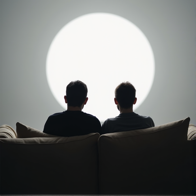 Two people sit on a couch, silhouetted against a bright circular light source, resembling a full moon.