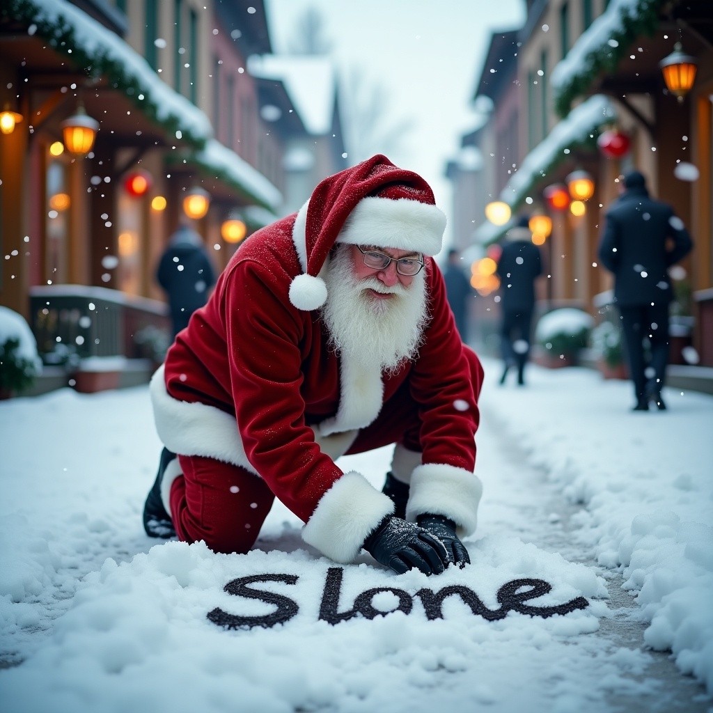 Image of Santa Claus in a snowy street during the holidays. Kneeling to write 'Sloane' in the snow. Quaint buildings line the street. Soft winter light enhances the festive atmosphere.