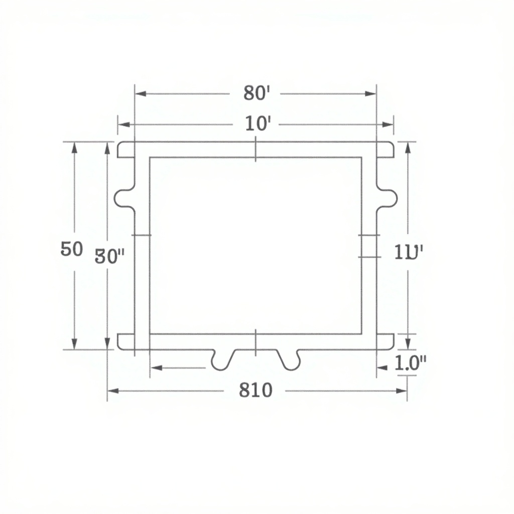 This technical drawing showcases a detailed representation of a rectangular section featuring notches. The illustration includes dimensions indicating a height of 30 units and a width of 50 units, with notches measuring 10 units by 10 units on each side. Maintaining the same width, the top view also displays the depth involving the notches. The side view illustrates a height of 30 units alongside the depth of 50 units, highlighting the notches as protrusions. This clear and accurate depiction serves engineering and architectural contexts, facilitating precise specification representation.