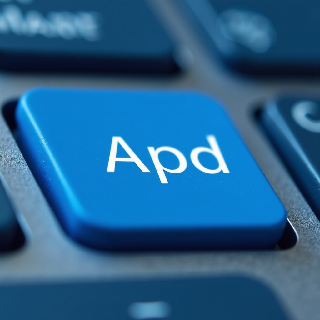 This image is a close-up photograph of a blue keyboard key that is labeled 'Apd'. The focus is sharp on the key, while other surrounding keys are blurred. The key's vibrant blue color stands out against a muted gray keyboard. Soft lighting enhances the details, making it appear clean and modern. This image would be suitable for technology-related articles or content discussing computer usage and interfaces.