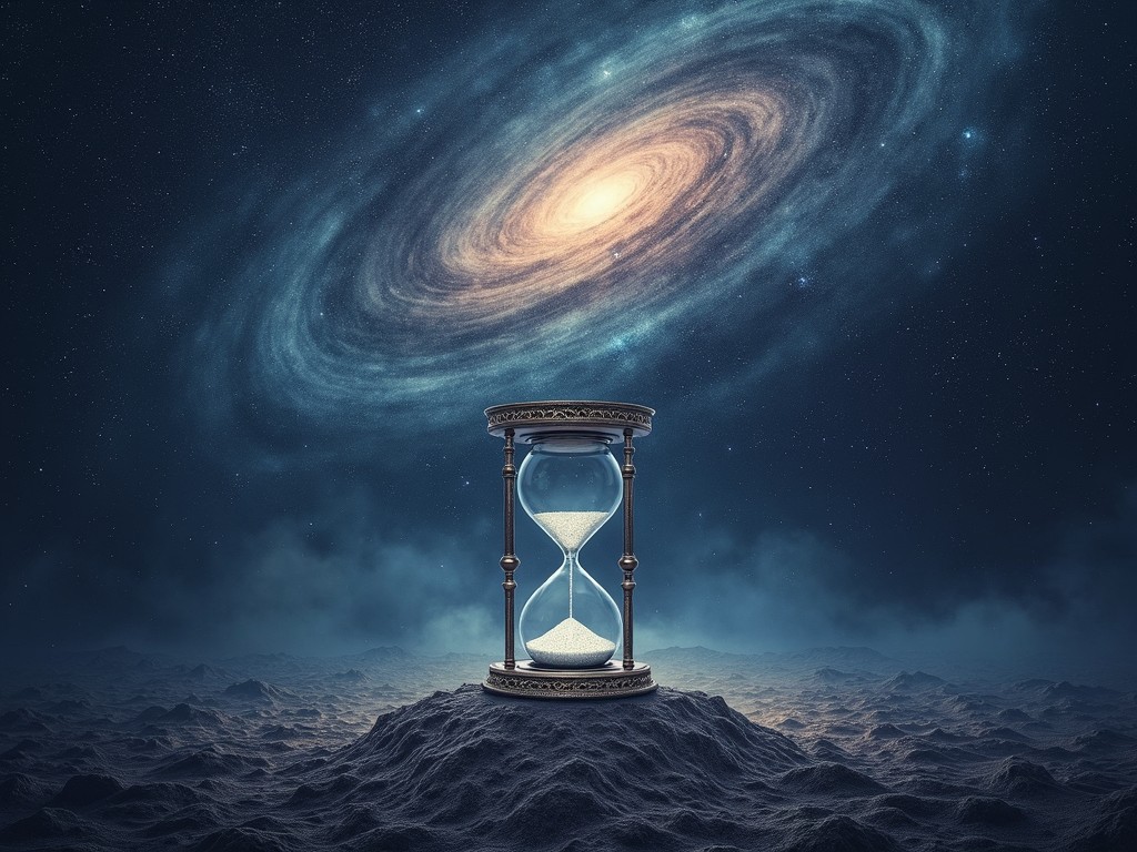 This surreal illustration features an hourglass placed in an otherworldly landscape under a swirling galaxy. The ethereal sky filled with stars creates a mystical backdrop, emphasizing the theme of time in a cosmic setting. The hourglass stands as the central element, symbolizing the passage of time amidst the vastness of the universe.