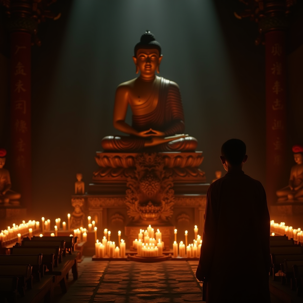 A person in silhouette stands before a large Buddha statue surrounded by glowing candles in a dimly lit space.