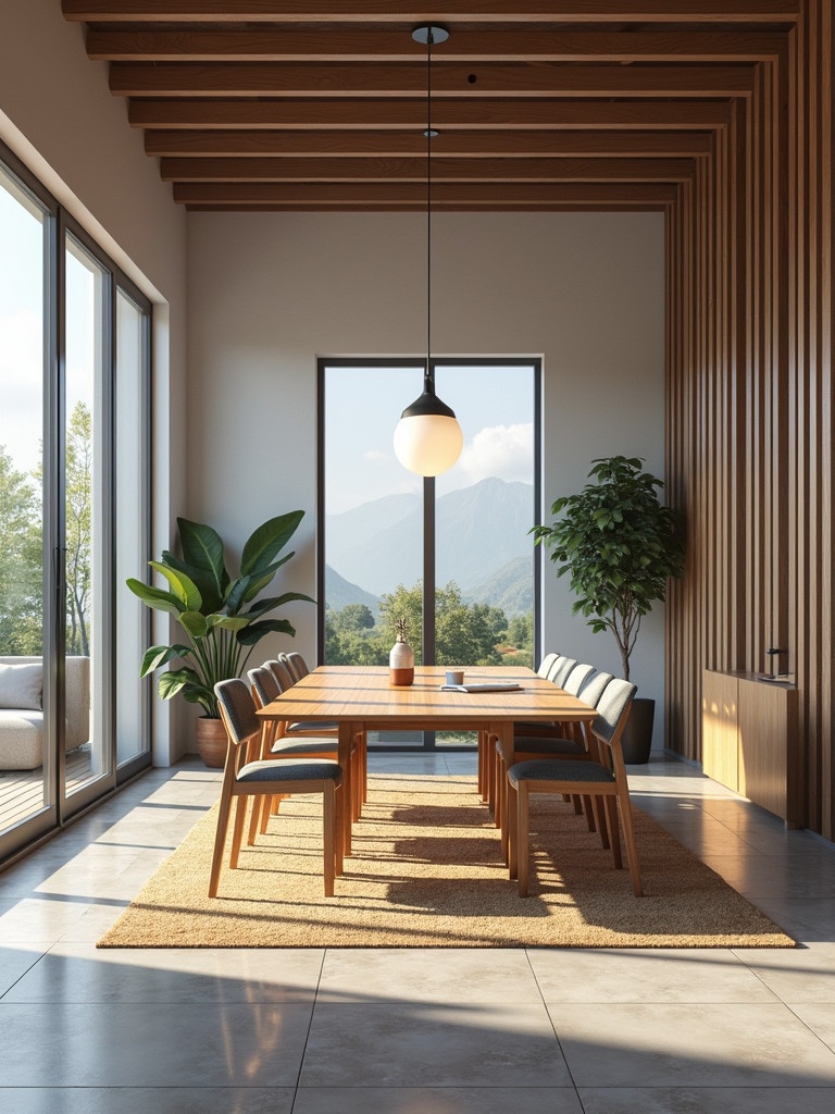 Render image of co-working office space featuring a modern conference table and chairs. Use tiled floors complemented by rugs. Include large windows for abundant natural light. Add a decorative plant and wooden furnishings to create an inviting atmosphere.