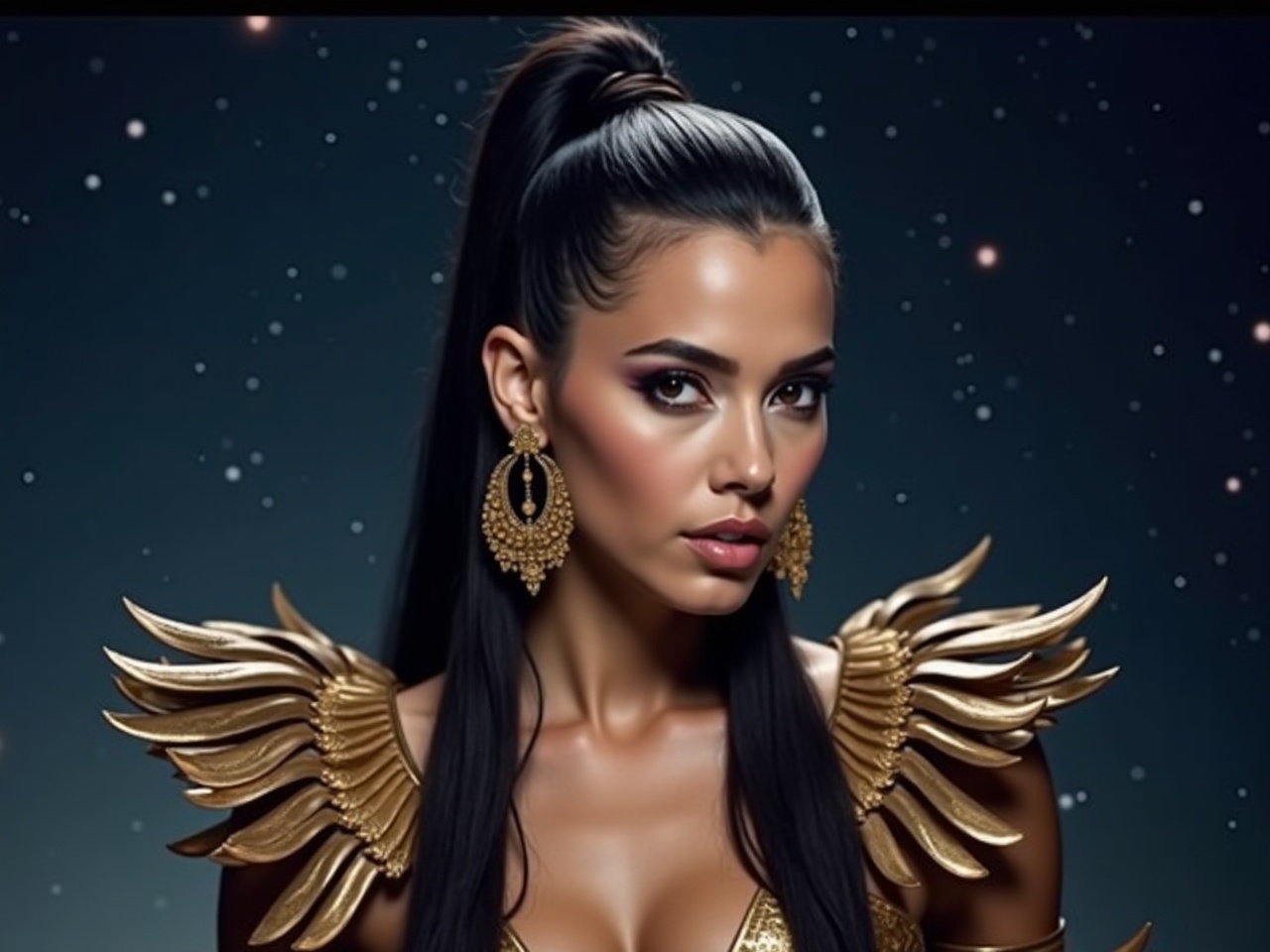 The image features a person with long black hair styled in a sleek ponytail. They are wearing an elaborate outfit that combines elements of fashion and fantasy, with intricate gold detailing and accessories. The background is a starry night sky, creating a mystical atmosphere. The person's makeup is bold, emphasizing their striking features. There's a large, ornate earring hanging from one ear, complementing their unique look. Overall, the image conveys a sense of strength and elegance.