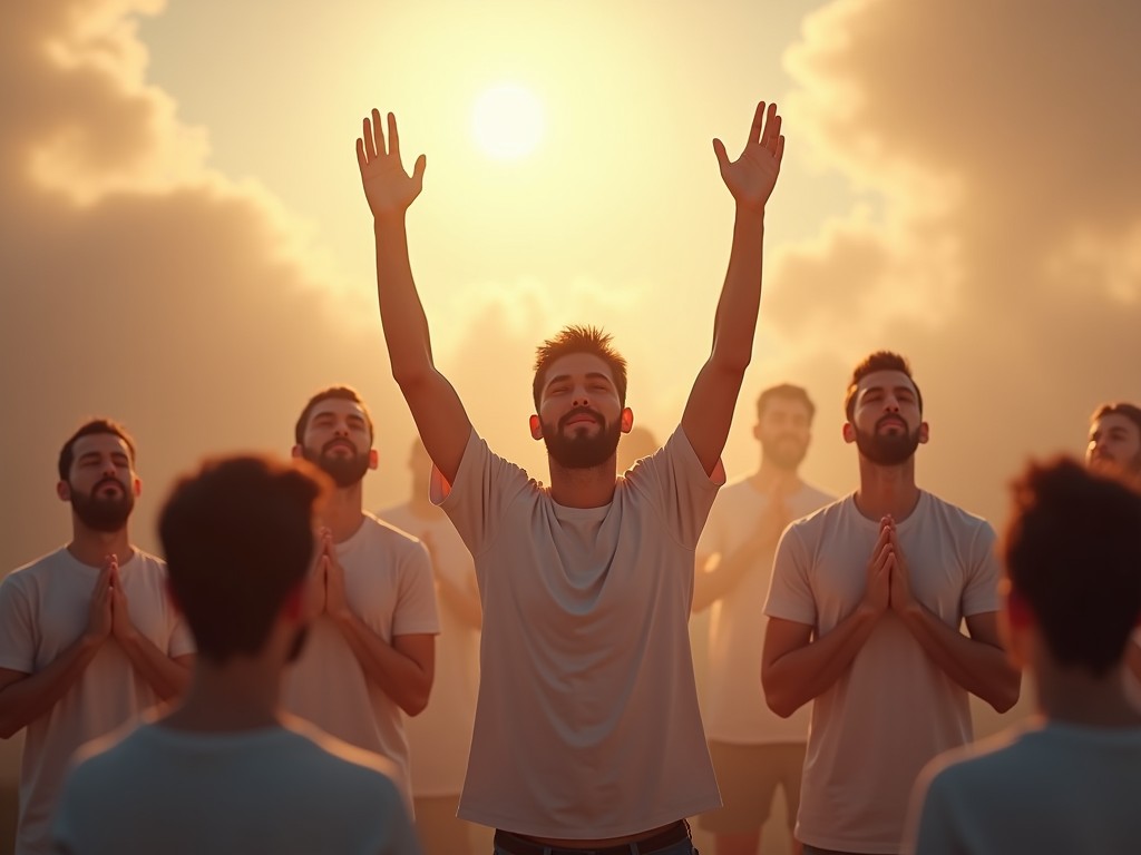 A group meditation session at sunrise with serene expressions, main person raising arms, soft golden light creating a peaceful ambiance.