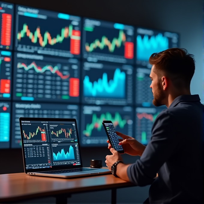 A person sits at a desk analyzing financial data on multiple screens and a smartphone.