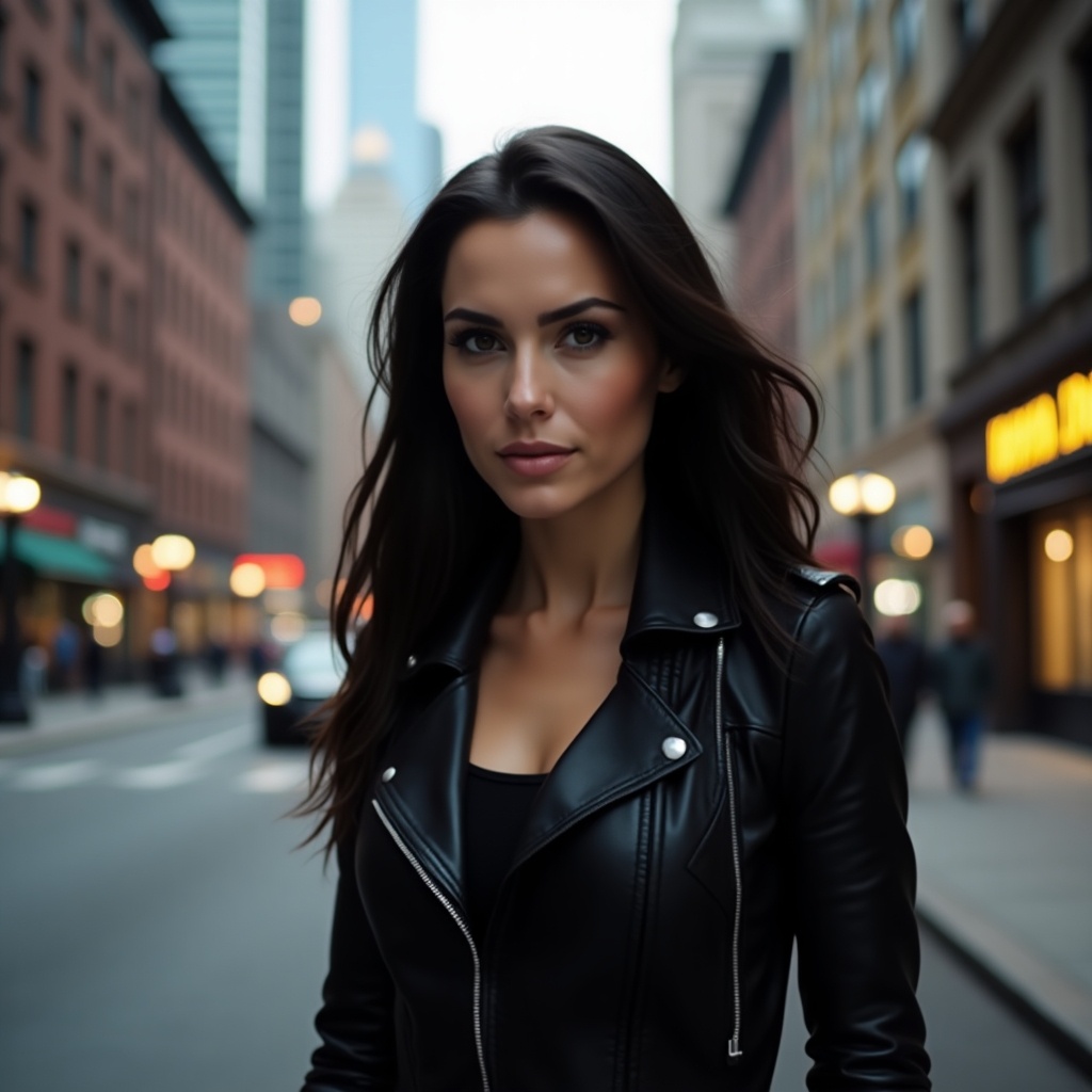 The image presents a stylish woman who resembles Sasha Grey. She stands confidently in a city street, wearing a chic black leather jacket. The urban backdrop showcases an interesting mix of modern architecture and cozy street lights. The lighting is soft, creating an inviting atmosphere. Her long hair flows naturally, adding to her striking profile as she gazes at the camera with poise.