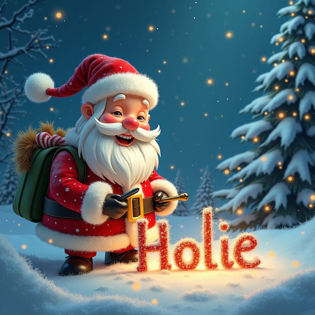 Joyful Santa Claus writing 'Holie' in sparkling letters in a snowy landscape