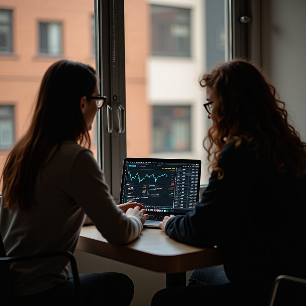 Two people sit by a window looking at financial data on a laptop.