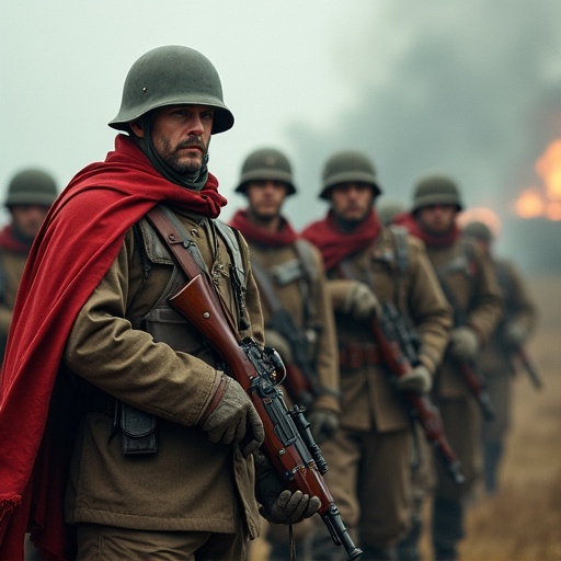 Image of soldiers in military uniforms standing close together. One soldier holds a rifle. Soldiers are dressed in olive green and dark red. Background shows a fiery scene.