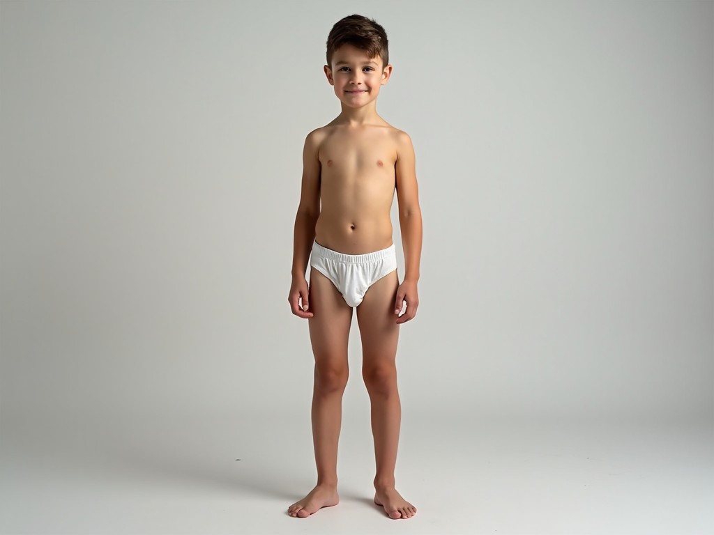 This image features a young boy standing upright against a light gray background. He is wearing only white underwear and has a natural smile on his face. The lighting is soft and even, creating a calm atmosphere. The boy's pose is confident and relaxed, showcasing a sense of playfulness and innocence. This style is minimalistic, bringing focus to the subject without distractions.