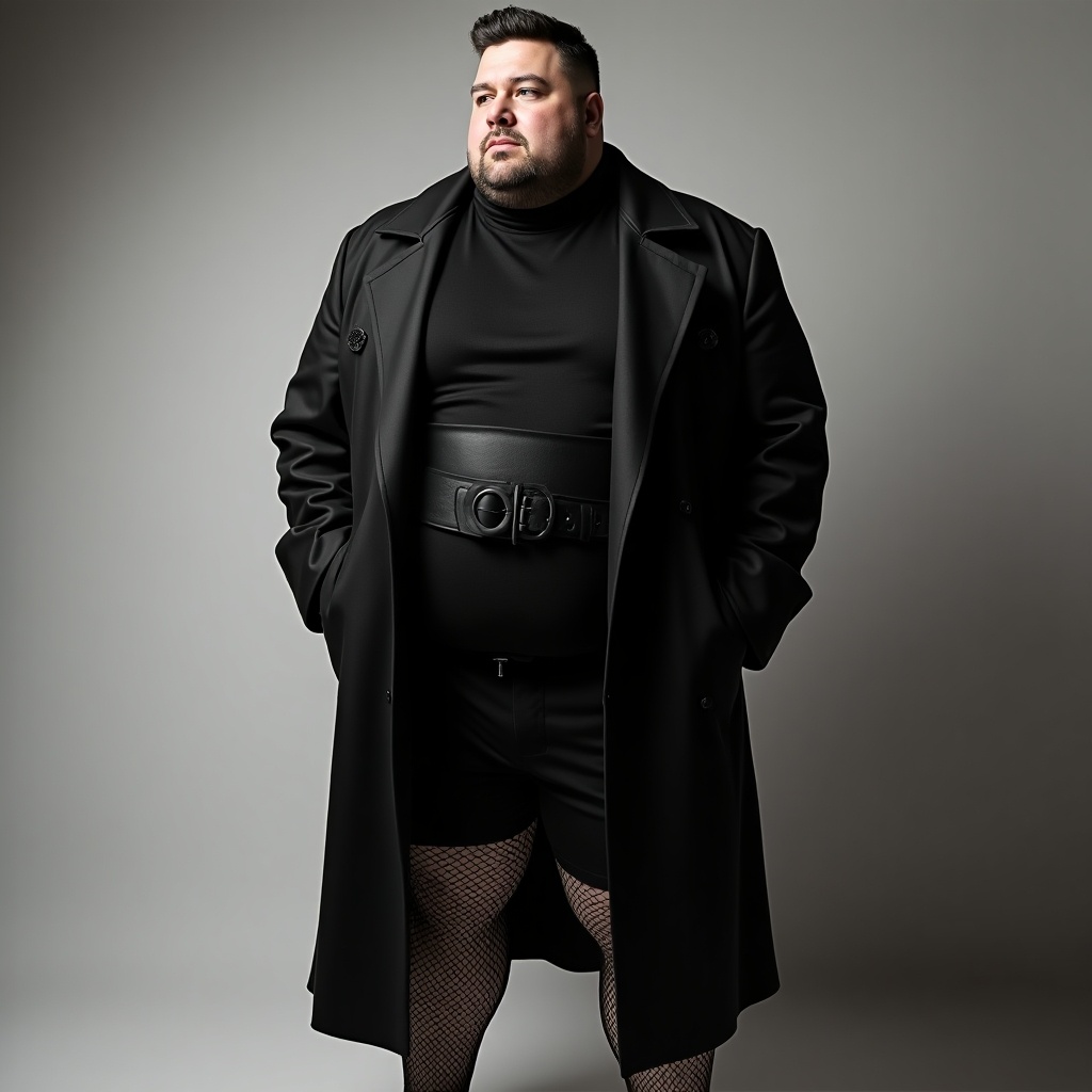 The image showcases a confident man wearing a full-length black trench coat. He pairs it with a sleek black turtleneck and striking fishnet leggings, complemented by a bold belt. The overall aesthetic oozes sophistication and modernity. Soft lighting creates an engaging atmosphere, highlighting the intricate details of his outfit. The monochromatic theme underscores a strong visual impact.