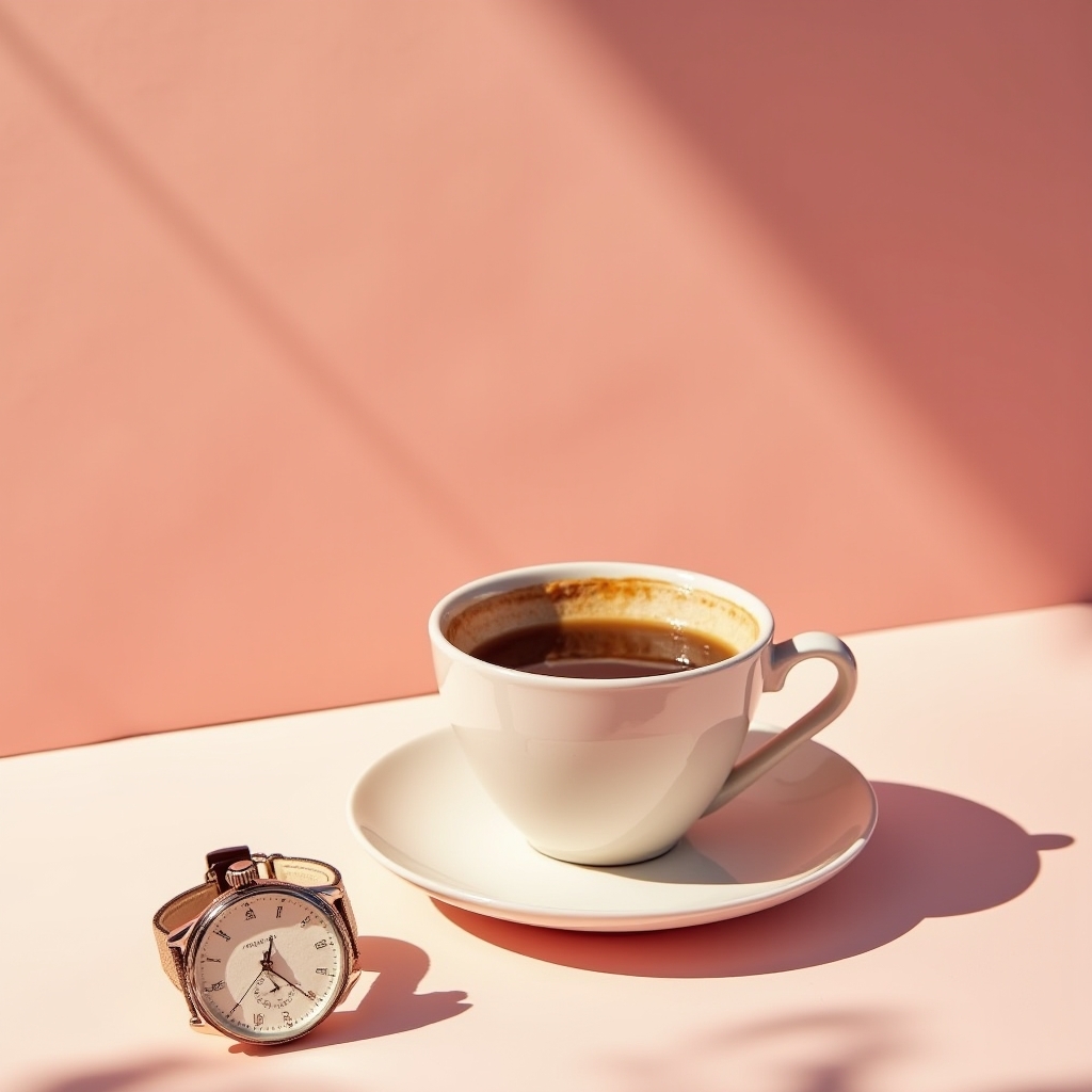 A cup of coffee and a wristwatch placed on a peach background with soft shadows.