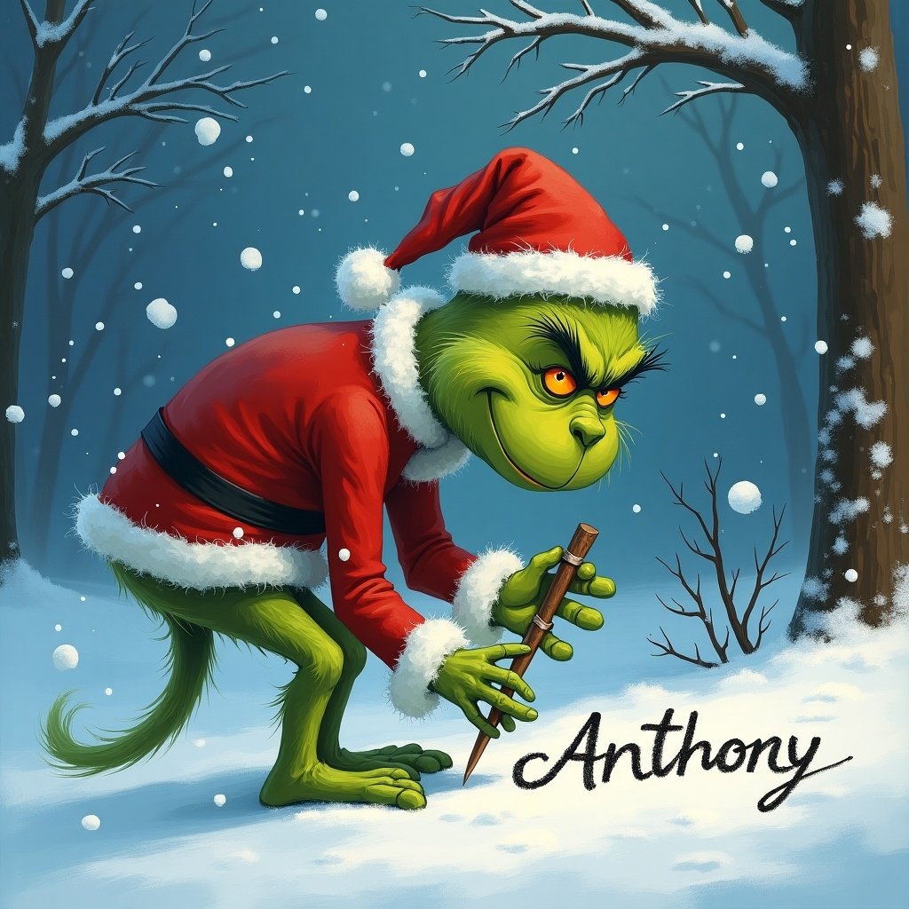 The Christmas Grinch in a red costume writes the name Anthony in white letters on the snow.