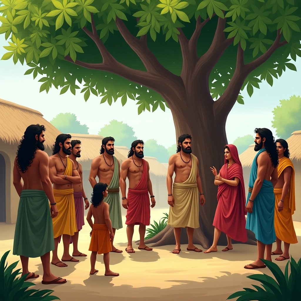 A gathering of villagers under a large peepal tree. Men and women listen intently. Background features simple huts and greenery. Sunlight filters through the leaves.