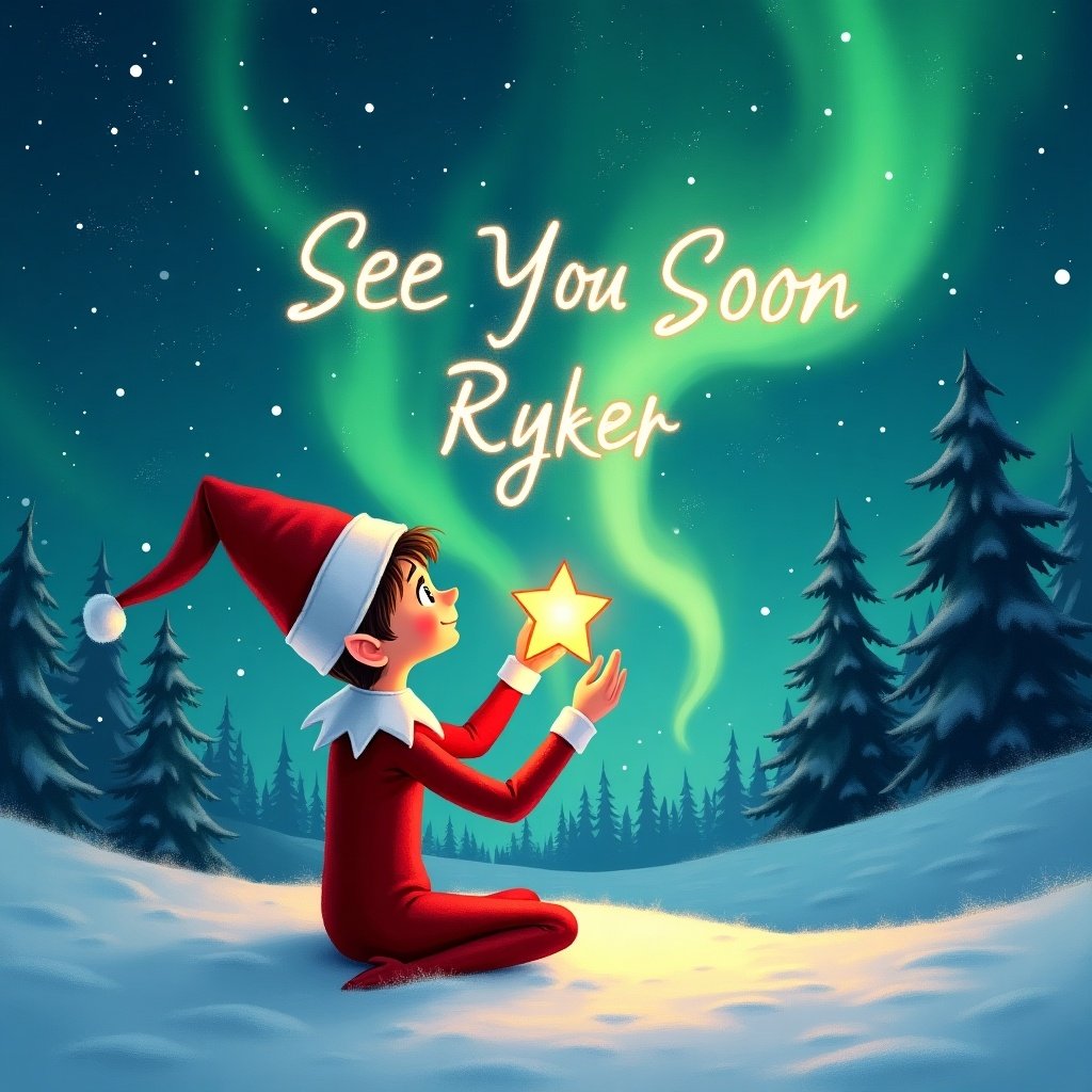 An elf on the shelf sits in a snowy landscape. The elf gazes upwards at the vibrant northern lights in green and blue hues. A message appears in the sky that says 'See You Soon Ryker'. The elf holds a glowing star. Snow covers the ground. Evergreen trees populate the background. The mood feels festive and magical.