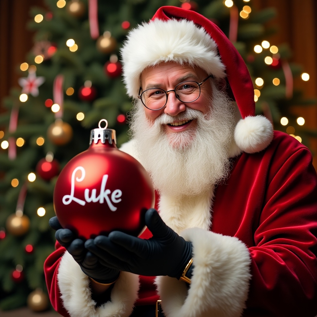 The image features a joyful Santa Claus dressed in traditional red and white attire. He is smiling broadly while holding a shiny red bauble decorated with the name 'Luke.' In the background, a beautifully adorned Christmas tree is visible, sparkling with lights and ornaments. The setting exudes warmth and festive cheer, with rich colors and a cozy atmosphere. This scene captures the essence of holiday joy and gift-giving, appealing to families and those celebrating Christmas.