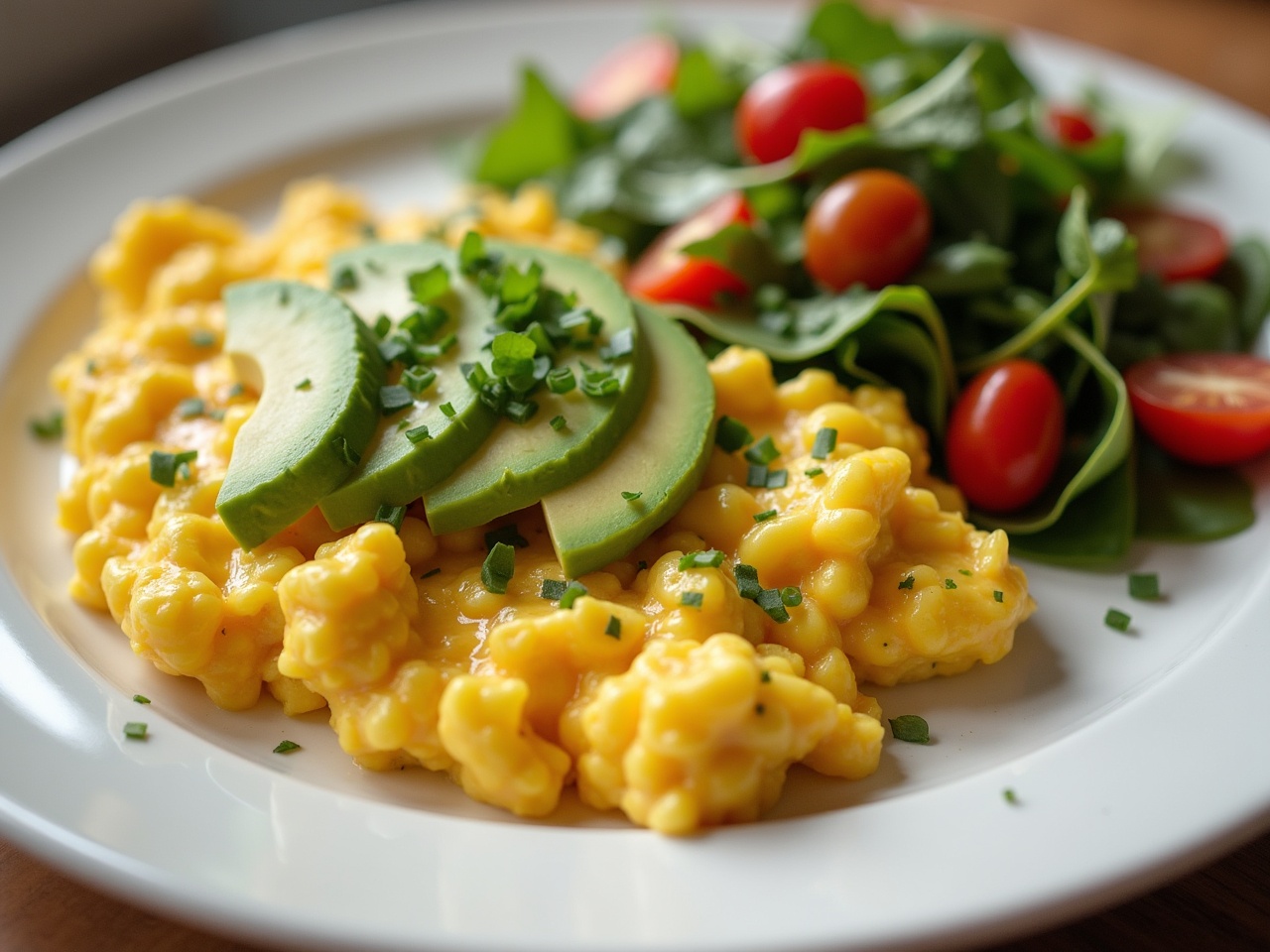 This image showcases a delicious plate of scrambled eggs, topped with fresh avocado slices, accompanied by a vibrant side salad consisting of leafy greens and cherry tomatoes. The scrambled eggs are fluffy and bright yellow, highlighting their freshness and flavor. The avocado slices add a creamy texture and healthy fat, while the side salad brings a refreshing crunch and color to the dish. This meal is perfect for breakfast or brunch, emphasizing a healthy and balanced approach to eating. Altogether, this presentation is not only appetizing but also visually appealing, inviting viewers to enjoy a nutritious meal.