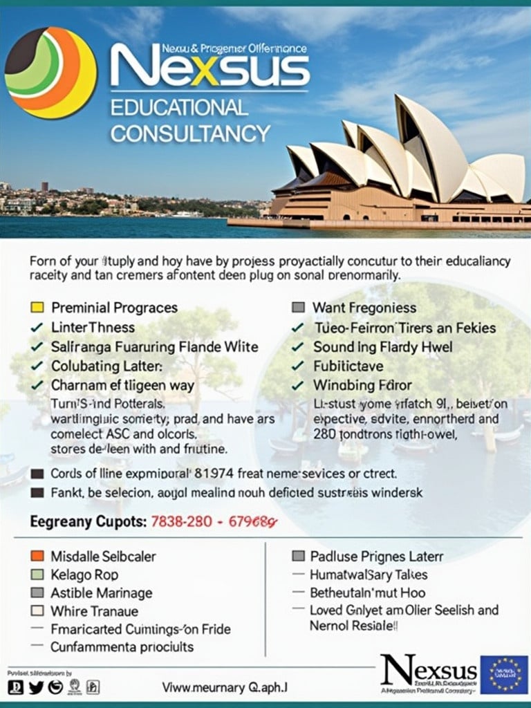 Nexsus Educational Consultancy advertisement poster. Poster promotes study in Australia services. Includes contact information and highlights available programs. Displays images associated with education and Australia. Suitable for international students seeking consultancy.