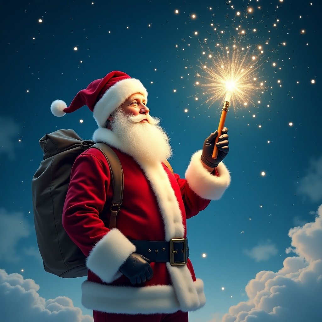 Santa Claus with a big bag standing against a starry sky. He holds a sparkling wand. Light streaks form the word Yumesh in the sky.