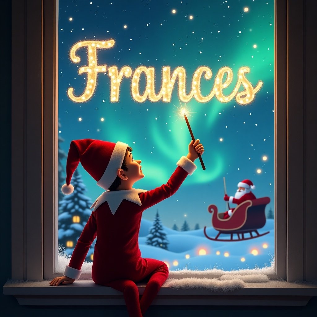 The image features an elf sitting on a window ledge with his back to the viewer. He is facing the sky, using a wand to write the name 'Frances' in shimmering letters. The background is enchanting, depicting a magical Christmas scene complete with twinkling stars and colorful northern lights. In the background, Santa Claus can be seen in his sleigh, adding to the festive atmosphere. The elf is dressed in a classic red outfit and a pointed hat, emphasizing the holiday spirit. He is using a wand to write the name ‘Frances’ in shimmering letters.