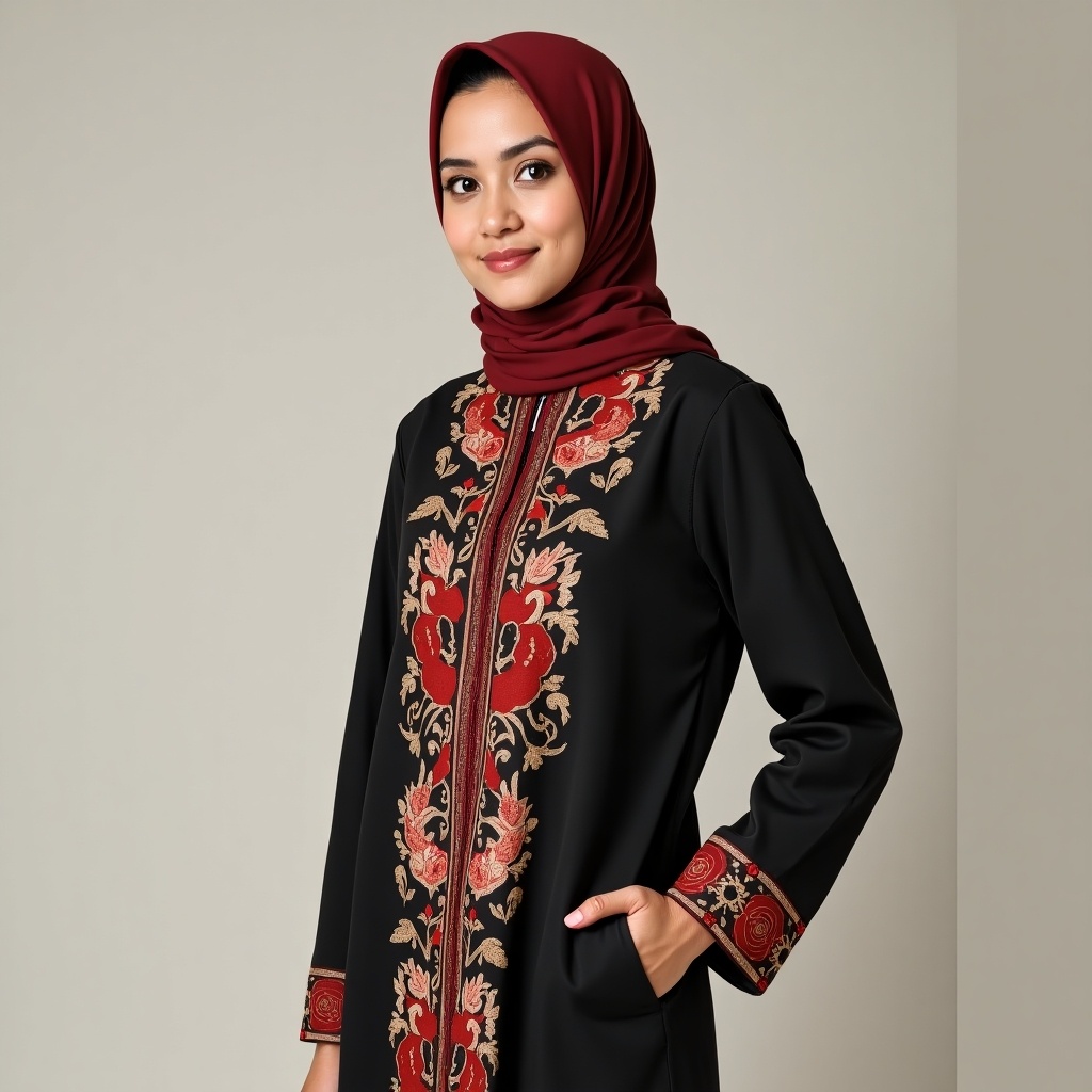 The image showcases a model dressed in traditional Malay attire, featuring a Baju Kurung and a hijab. The outfit is black, embellished with intricate red and gold floral patterns that highlight its craftsmanship. The model is posed elegantly, with a subtle smile, against a neutral background. The attire combines cultural heritage with contemporary style. This attire is often worn during festive occasions or cultural celebrations in Malay culture.