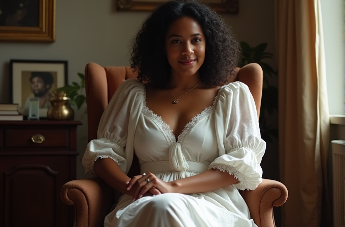 A woman in a white dress sits in an armchair, surrounded by a warm, inviting room.