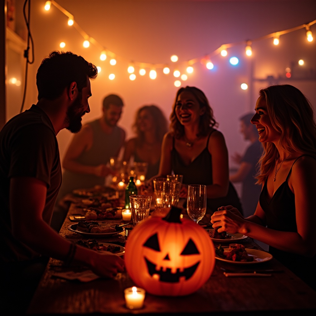 A lively Halloween party scene is set at a long dining table. Warm string lights hang in the background, illuminating the guests' smiles and laughter. A carved pumpkin with a friendly face serves as the centerpiece, surrounded by an array of delicious food. Friends gather together, enjoying the festive atmosphere and sharing stories. The overall mood is joyful and festive, encapsulating the spirit of Halloween celebrations.