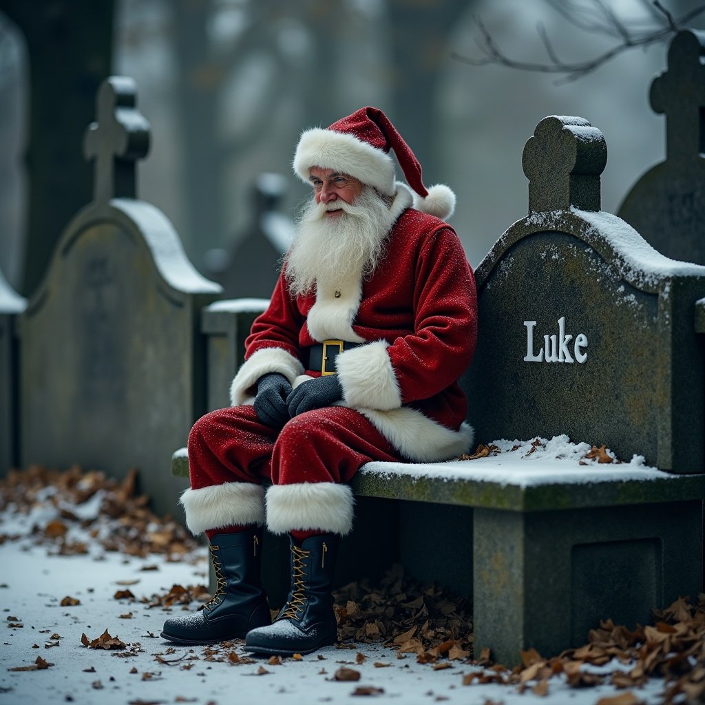 Father Christmas sits on a bench in a cemetery. A boy spirit's name, 'Luke', is engraved on the bench. Snow covers the ground and traces of autumn leaves are nearby.