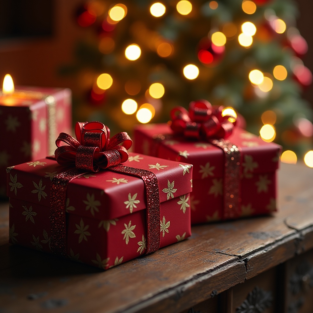 The image depicts beautifully wrapped Christmas presents, each adorned with vibrant red paper and elegant golden bows. The backdrop features a softly glowing Christmas tree decorated with lights and ornaments, enhancing the holiday ambiance. A warm candle flickers nearby, adding to the cozy atmosphere. Among the presents, one might imagine a gift intended for a person named 'Logan,' making it special. The scene captures the essence of festive cheer and joy associated with the holiday season.