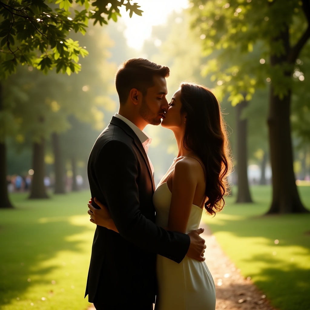 A couple shares a romantic kiss in a lush green park under soft daylight light.