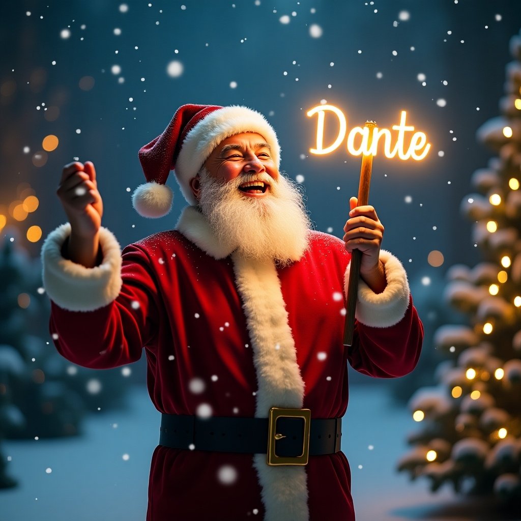 Jolly Santa Claus celebrating Christmas night. Traditional red suit with white fur trim. Softly falling snow surrounds him. He joyfully holds a glowing stick lighting up the name 'Dante'. Background features twinkling fairy lights and illuminated Christmas trees. Scene evokes warmth and magic of the holiday season.