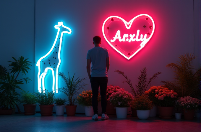 A person stands amid vibrant potted plants, facing neon signs of a giraffe and a heart with 'Arxly' inside.