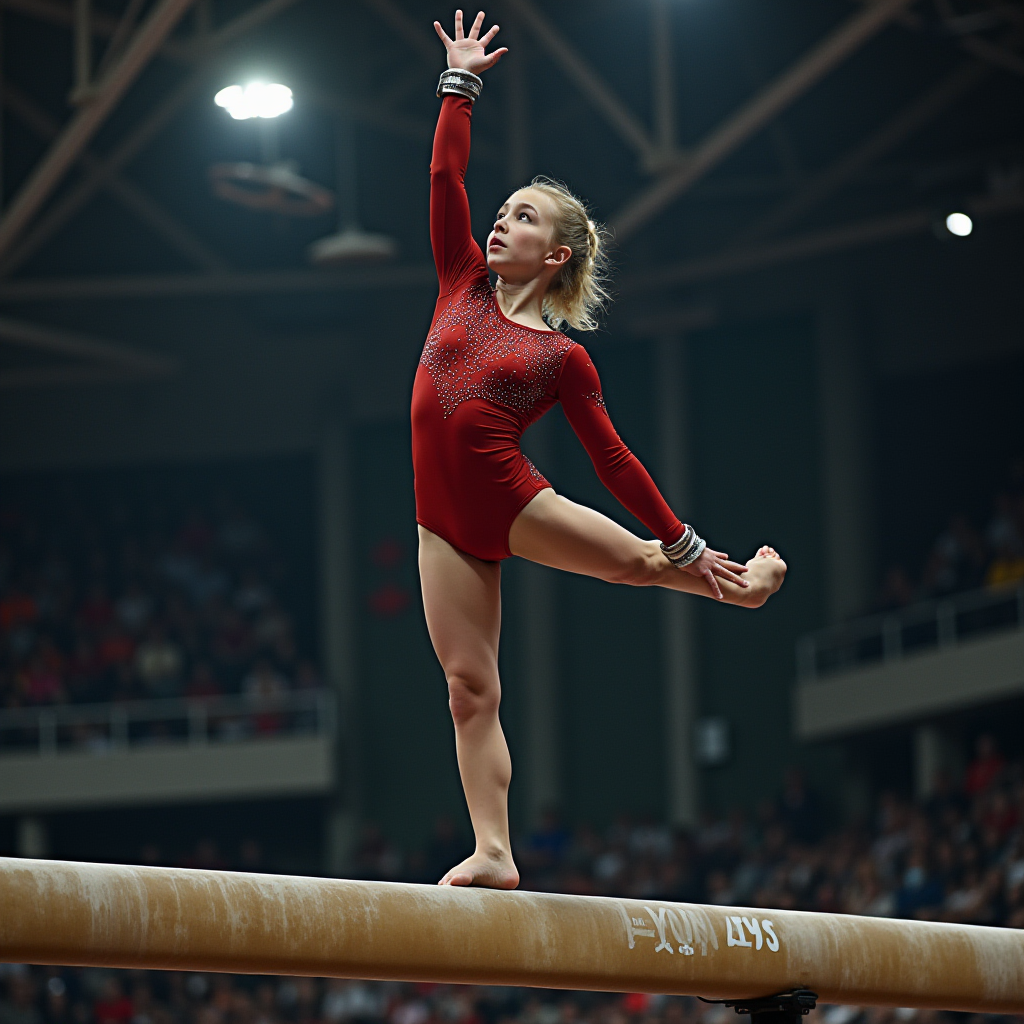 A young gymnast in a red leotard performs an elegant pose on a balance beam in a crowded sports arena.