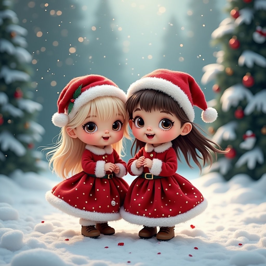 Two children in festive Christmas dresses stand together in the snow. They wear red dresses with white accents and are surrounded by a snowy landscape and evergreen trees decorated for Christmas. Joyous expressions on their faces convey excitement for the holiday season.