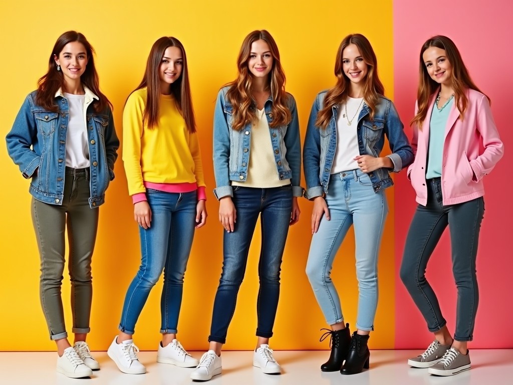 This vibrant image features five teenage girls modeling different fashionable outfits. Each girl showcases unique clothing items and accessories that appeal to a young audience. The backdrop consists of colorful yellow and pink walls, enhancing the overall brightness of the scene. The outfits range from casual denim jackets to stylish sweaters and trendy footwear. This image is intended to inspire teenage girls to make fashionable choices and stay updated on the latest trends. Overall, it embodies the spirit of contemporary teenage fashion, aimed at creating eye-catching advertisements.