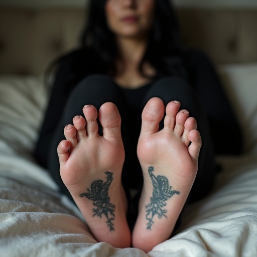 Mature goth woman with long black hair shows tattooed soles of bare feet on the bed. She wears goth clothes and toe rings. Tattoo designs are visible on her feet.