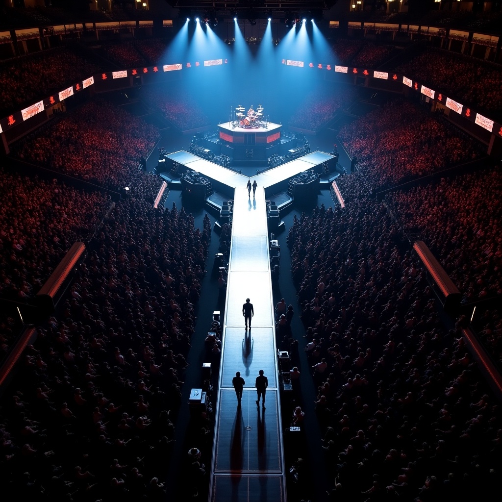 Aerial view of Roddy Rich concert at Madison Square Garden. T-stage layout with runway. Crowded audience below. Dramatic lighting effects.