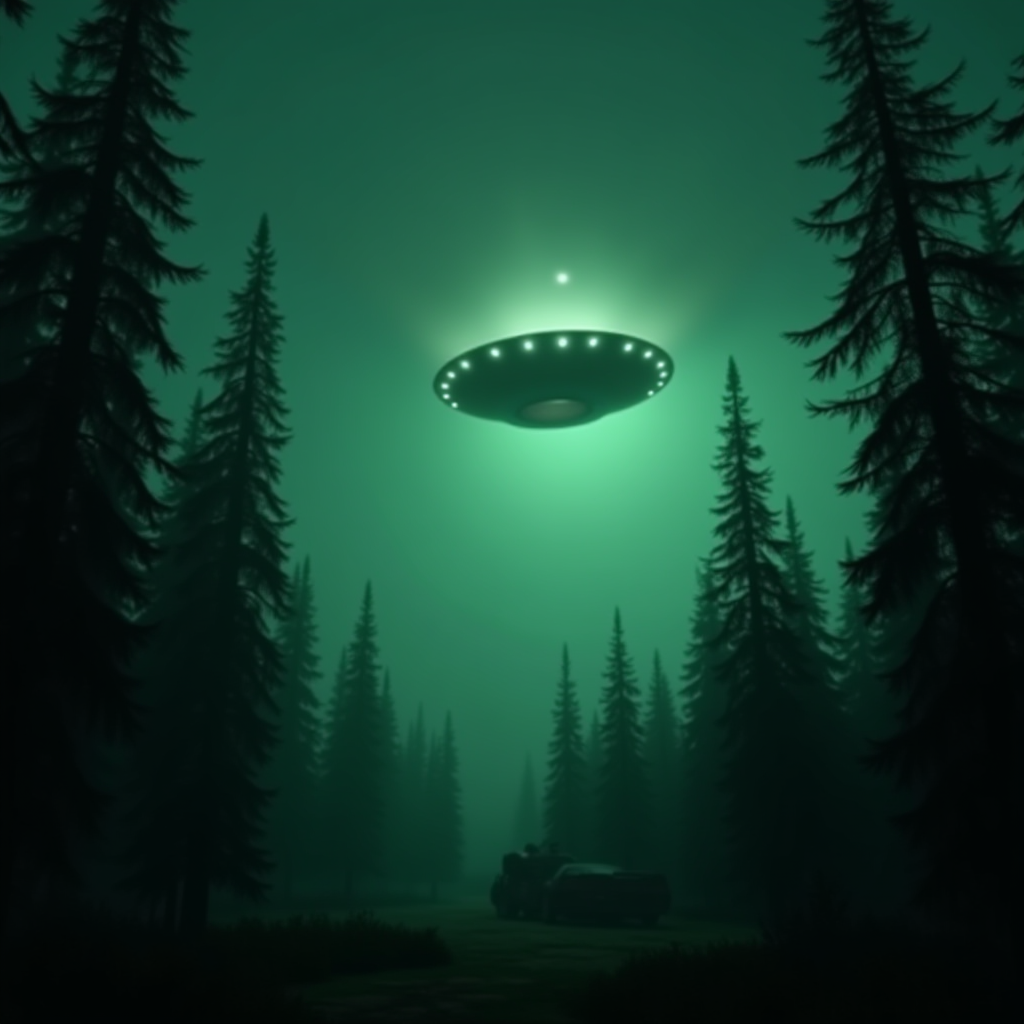 A UFO hovers silently above a foggy forest, casting an eerie green glow.