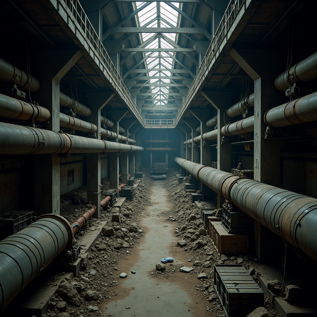 An abandoned industrial hallway lined with large rusty pipes and scattered debris, dimly lit by the skylight above.