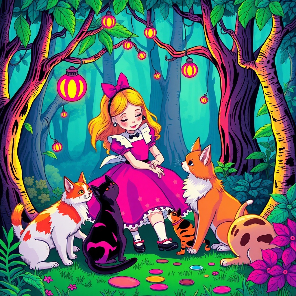 A young girl with a bow in her hair sitting in a magical forest surrounded by colorful, friendly cats, with lanterns hanging from the trees, in a whimsical, vibrant style.